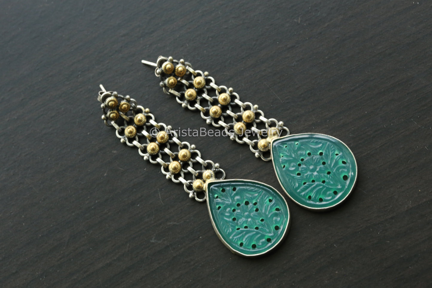 925 Long Hand Carved Semiprecious Stone Earrings