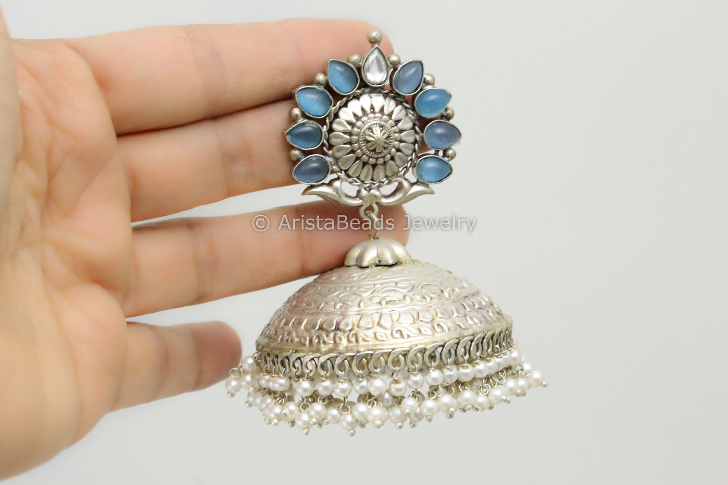 Extra Large 925 Silver Polish Kundan Jhumka - Blue