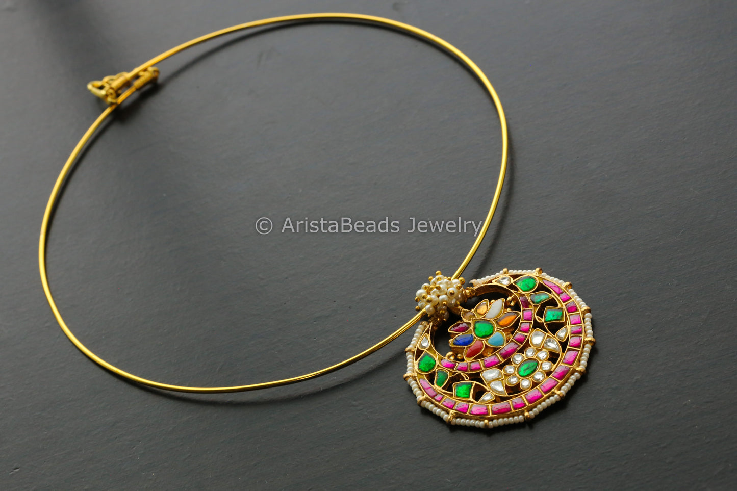 Gold Hasli Navratna Jadau Kundan Pendant Necklace