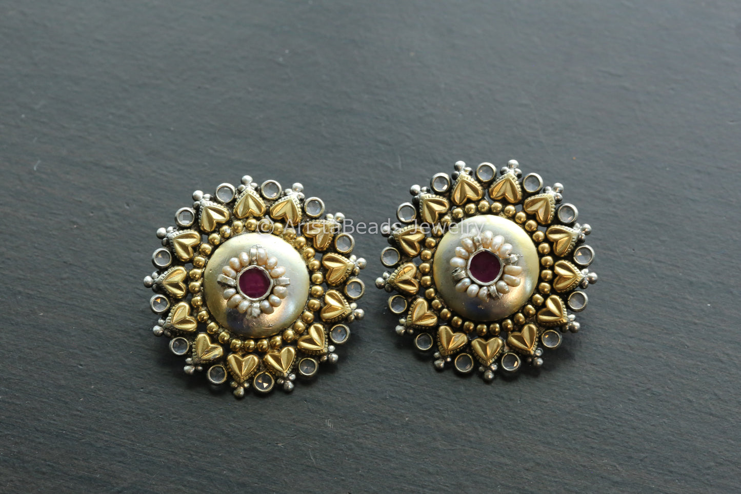 Large Dual Tone 925 Sterling Silver Polki Studs