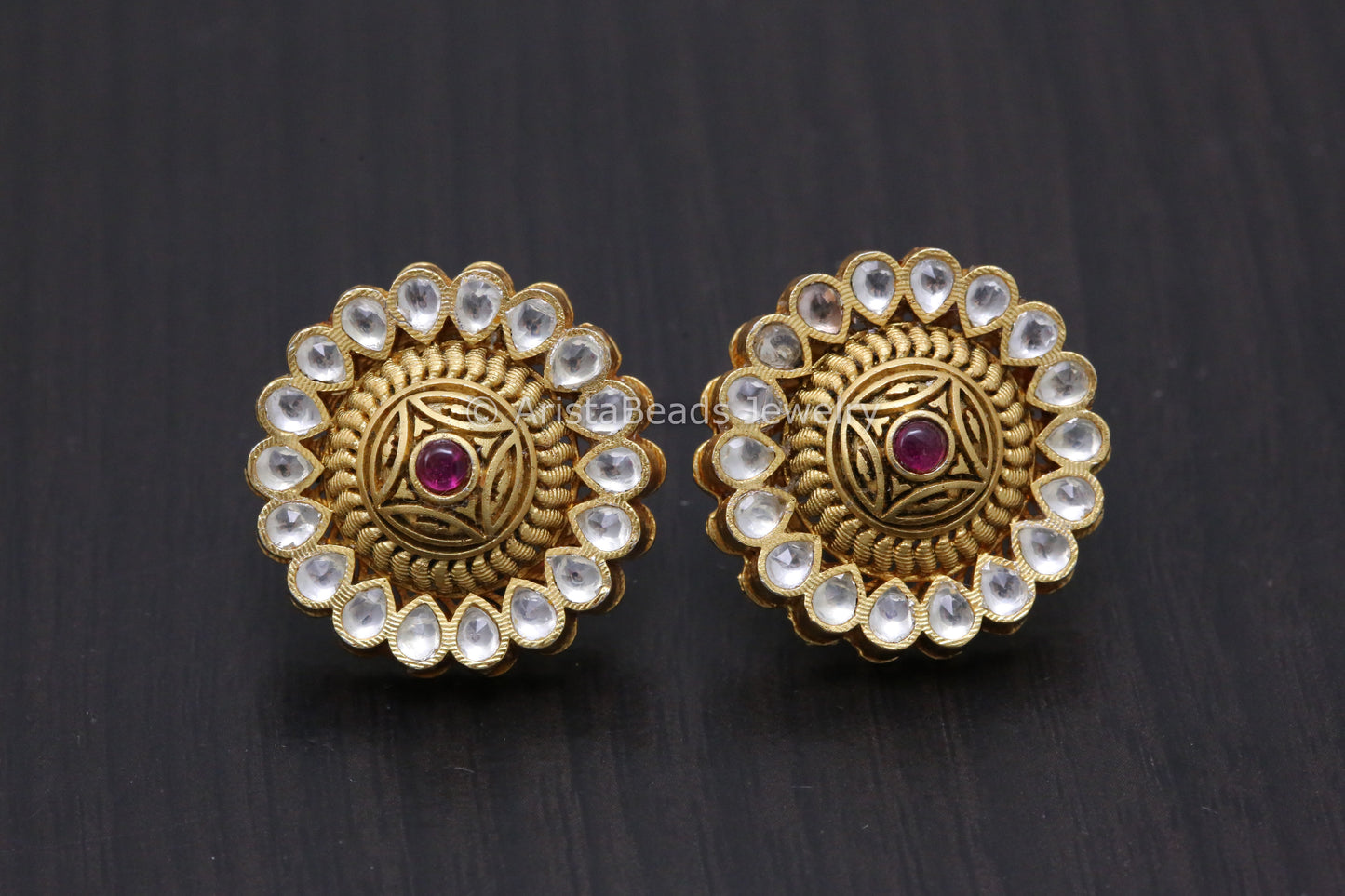 Kundan Polki Enamel Studs - Gold