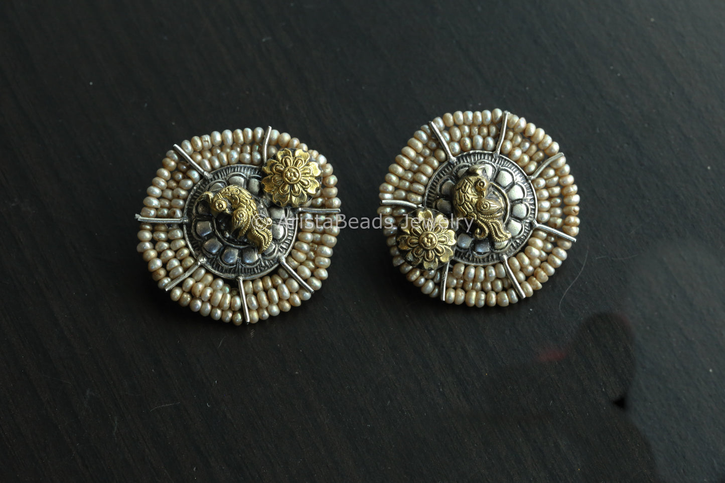 Large Fresh Water Pearls Dual Tone Sterling Silver Studs