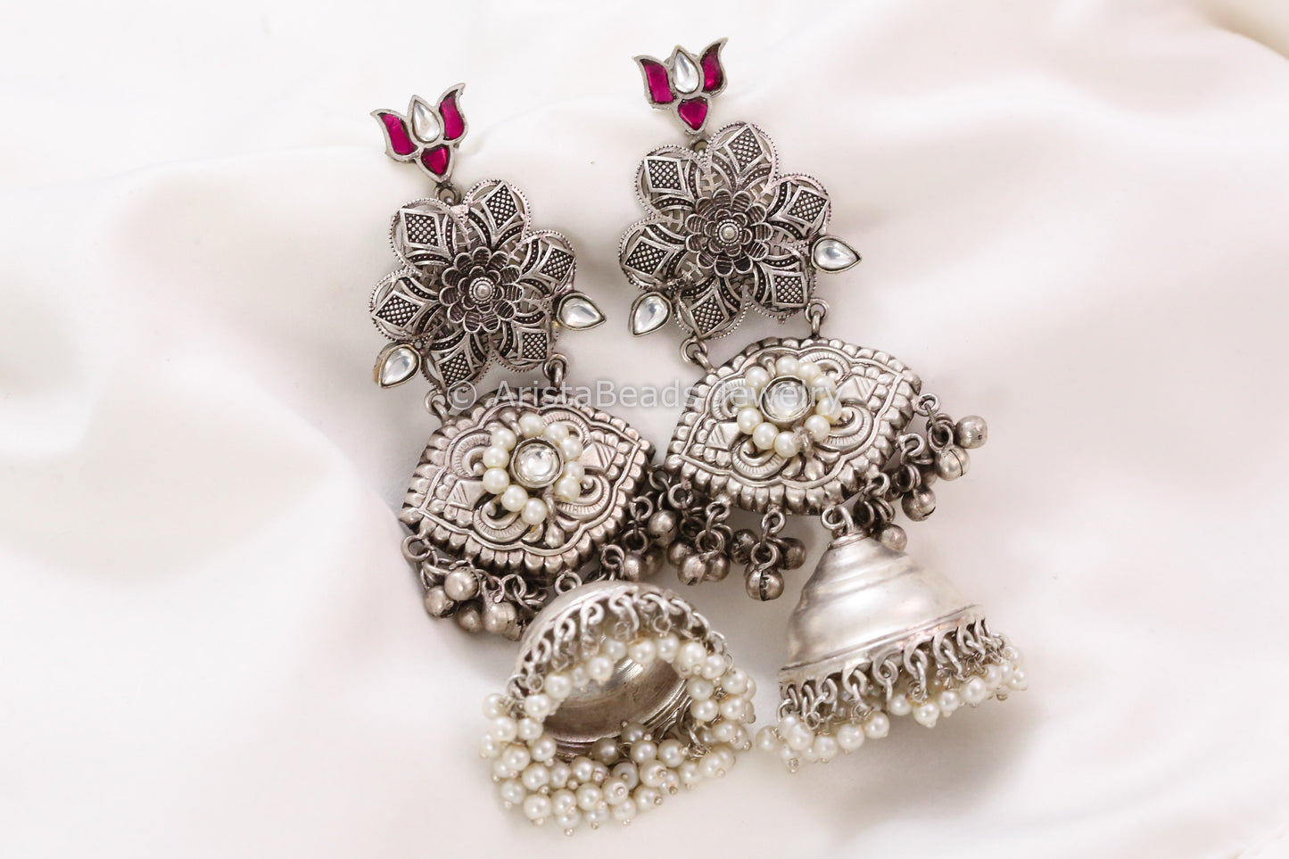 Long 925 Silver Polish Lotus Kundan Jhumka