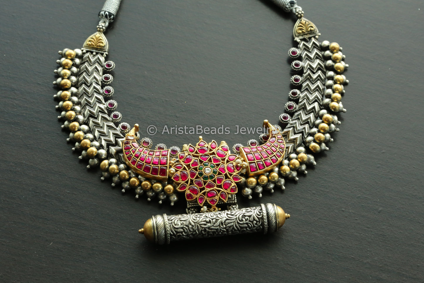 925 Sterling Silver Jadau Kundan Thusi Necklace