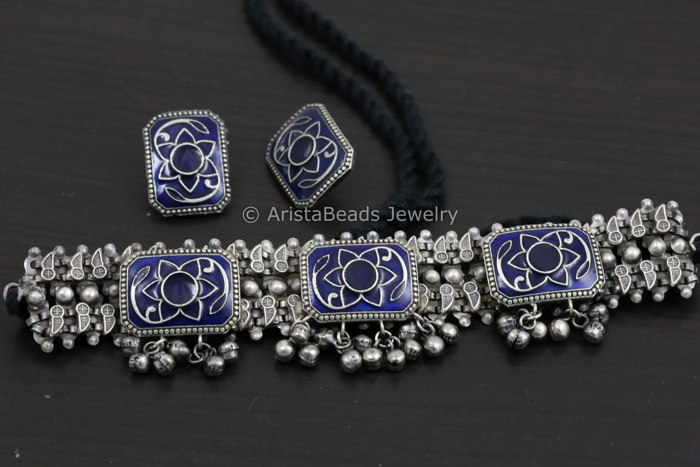 Dark Blue Enamel Choker & Stud Set