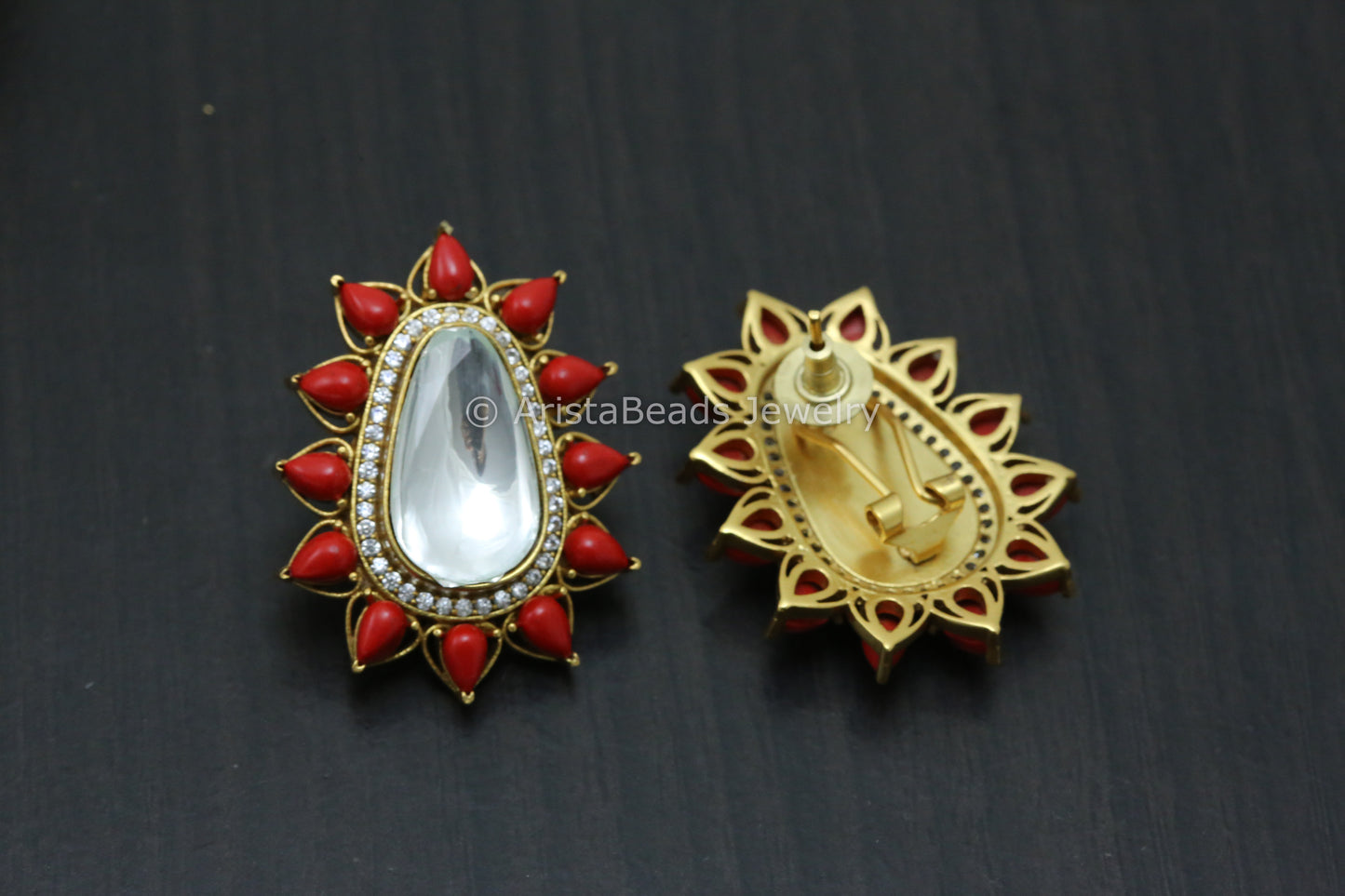 Big Uncut Kundan Polki Studs - Coral