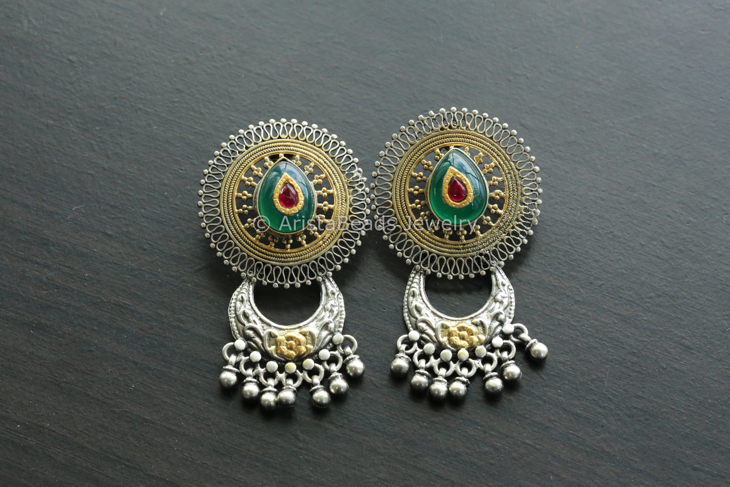 925 Sterling Silver Dual Tone Jadau Earrings - Green Onyx