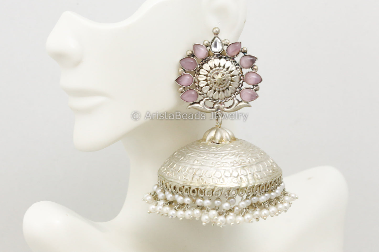 Extra Large 925 Silver Polish Kundan Jhumka - Pink