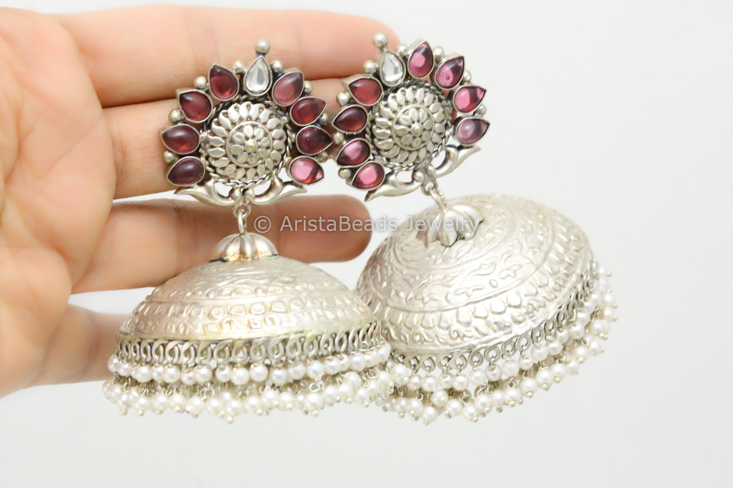 Extra Large 925 Silver Polish Kundan Jhumka - Wine