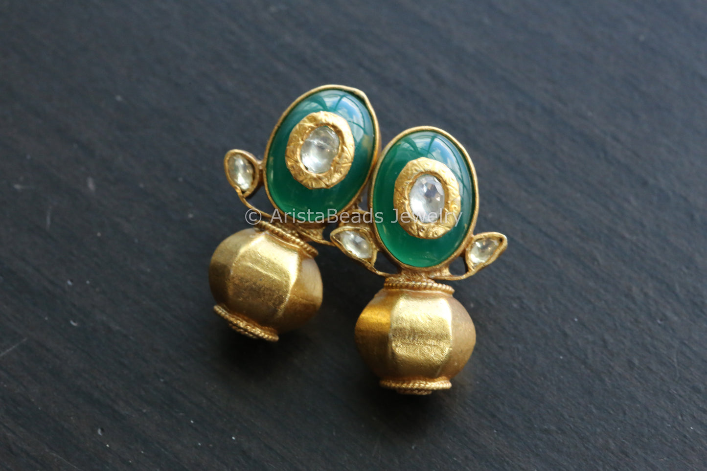 925 Sterling Silver Gold Jadau Earrings - Green Onyx
