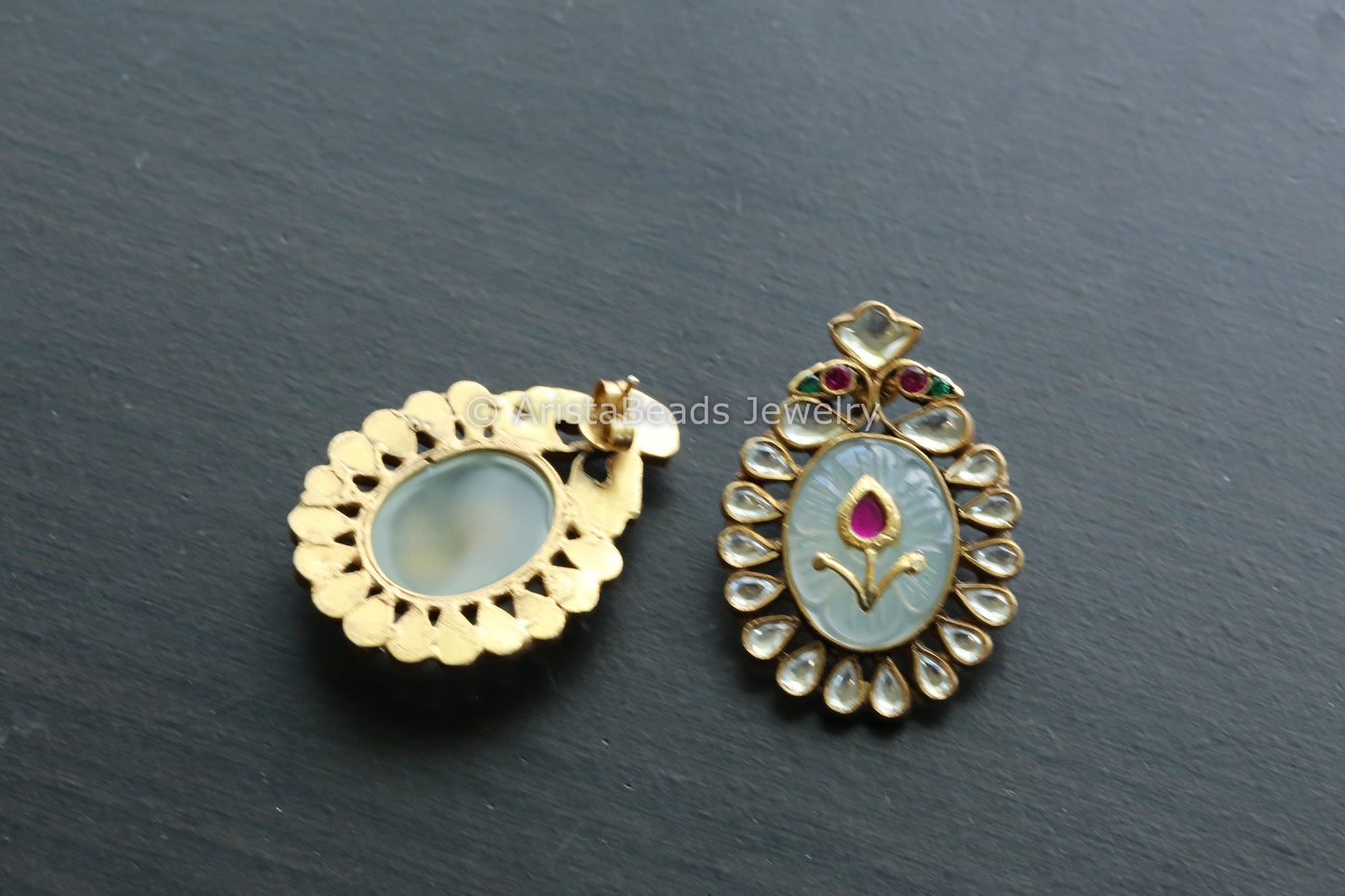 925 Sterling Silver Gold Jadau Kundan Fluorite Earrings