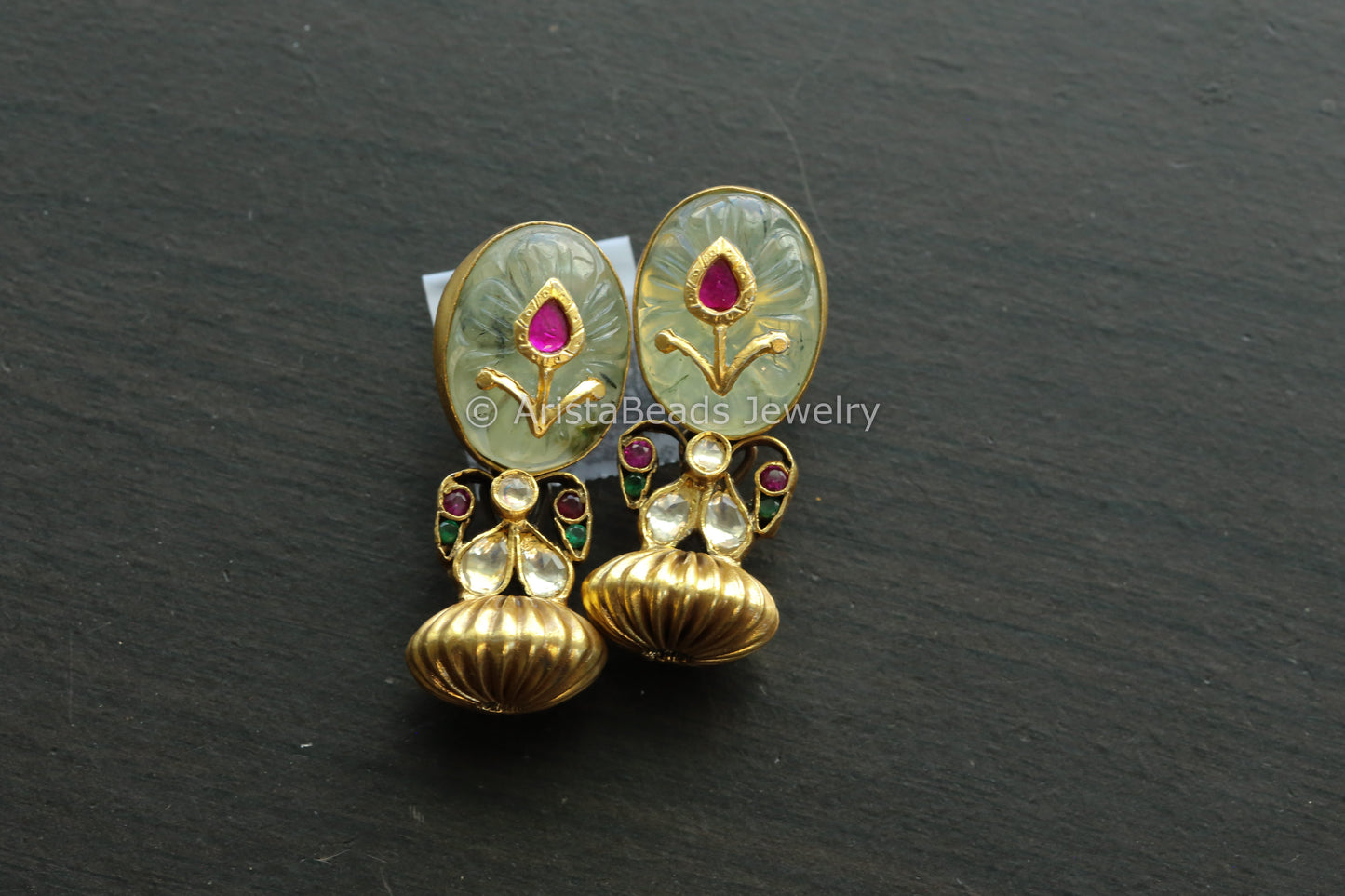 925 Sterling Silver Carved Fluorite & Kundan Earrings