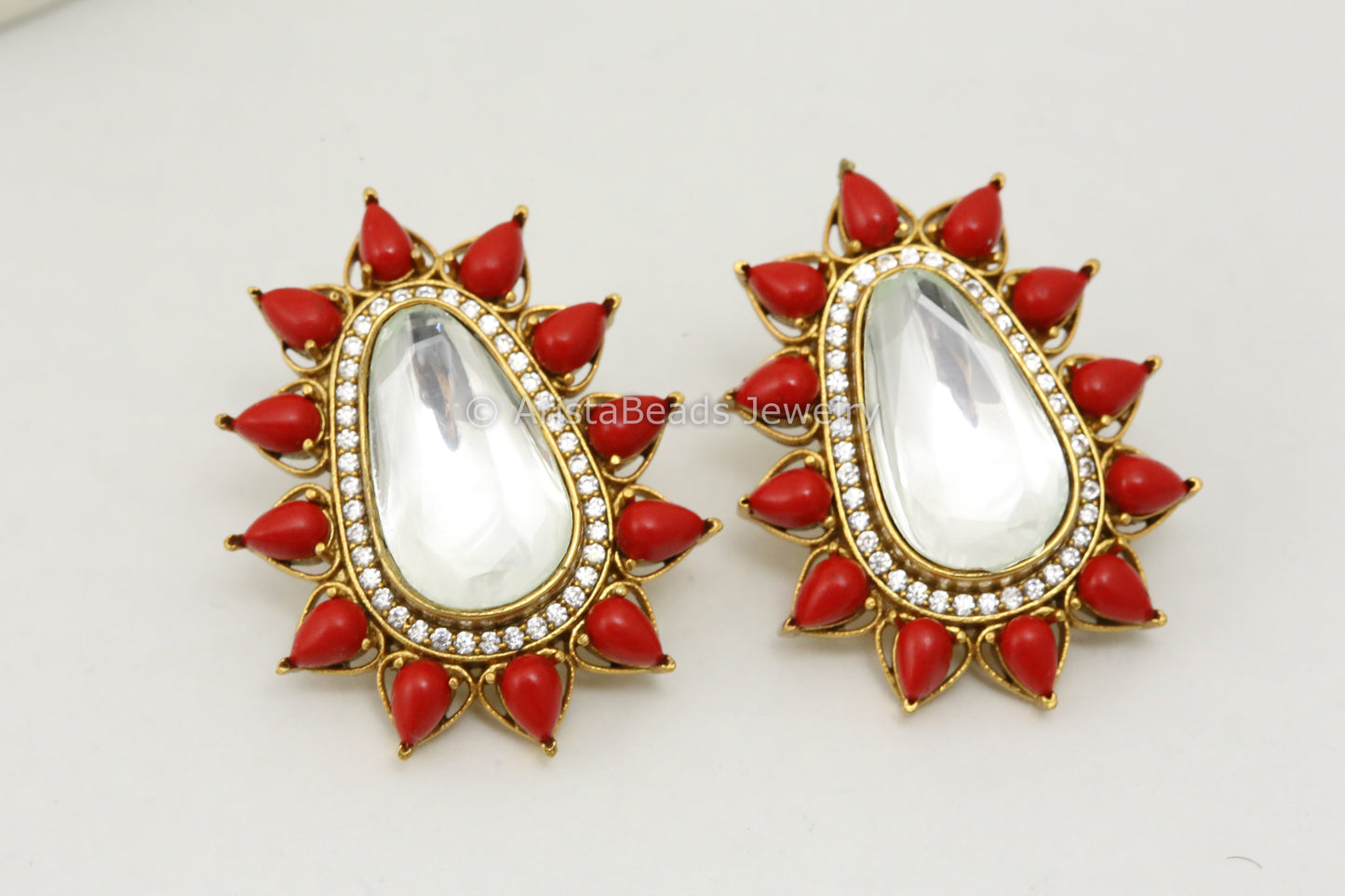 Big Uncut Kundan Polki Studs - Coral
