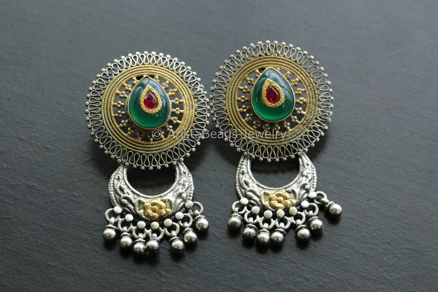925 Sterling Silver Dual Tone Jadau Earrings - Green Onyx