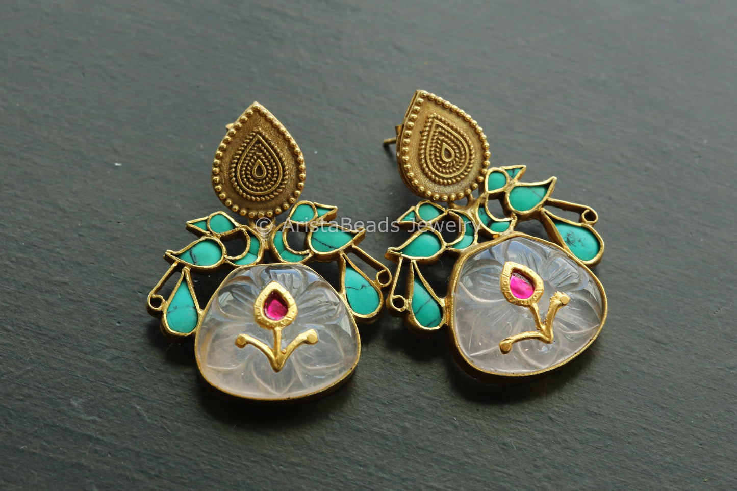 92.5 Jadau Rose Quartz & Turquoise Earrings