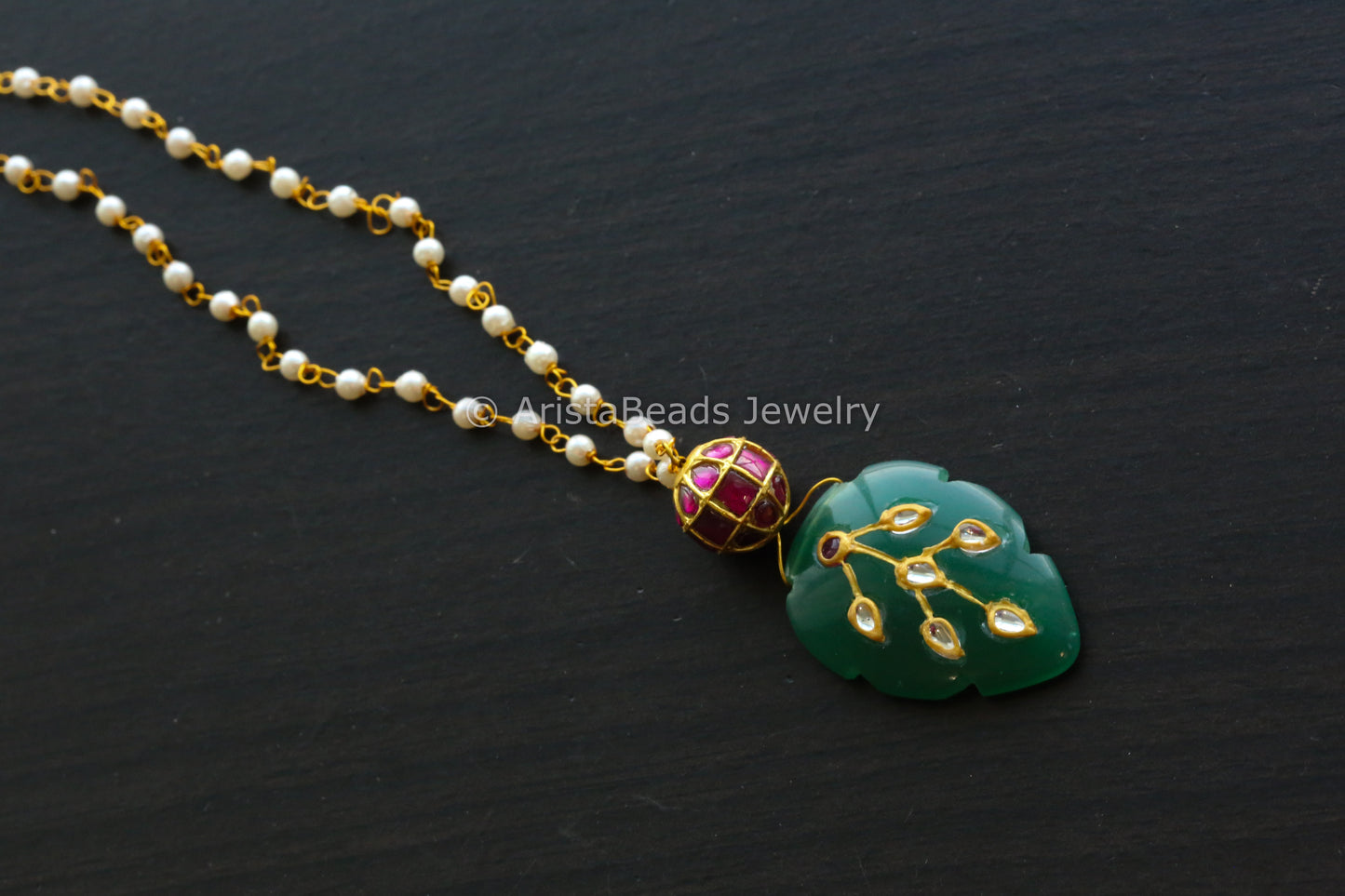 Jadau Ball Pearl Chain With Jadau Stone Drop
