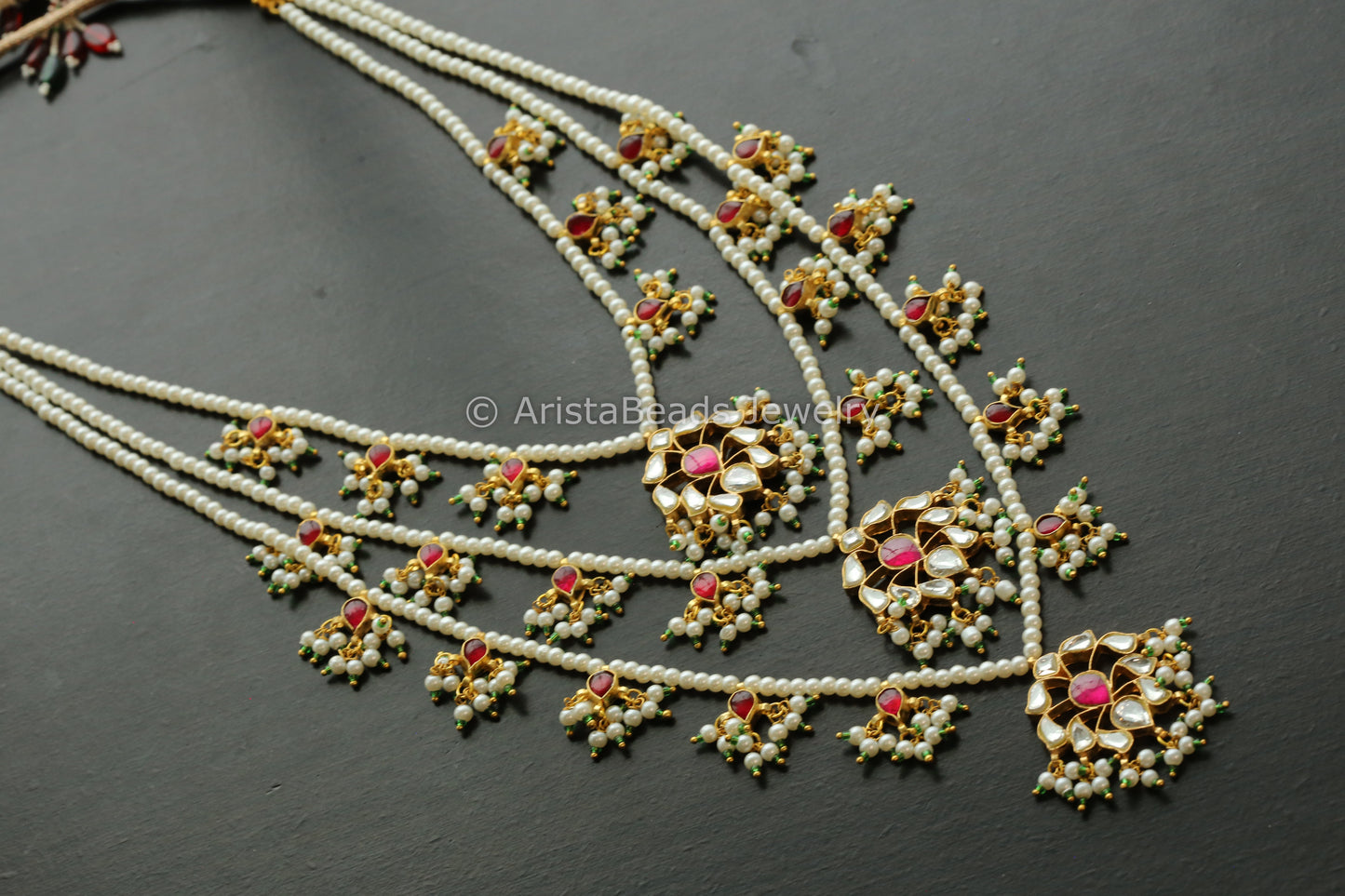 Handmade Kundan 3 Line Necklace -Ruby