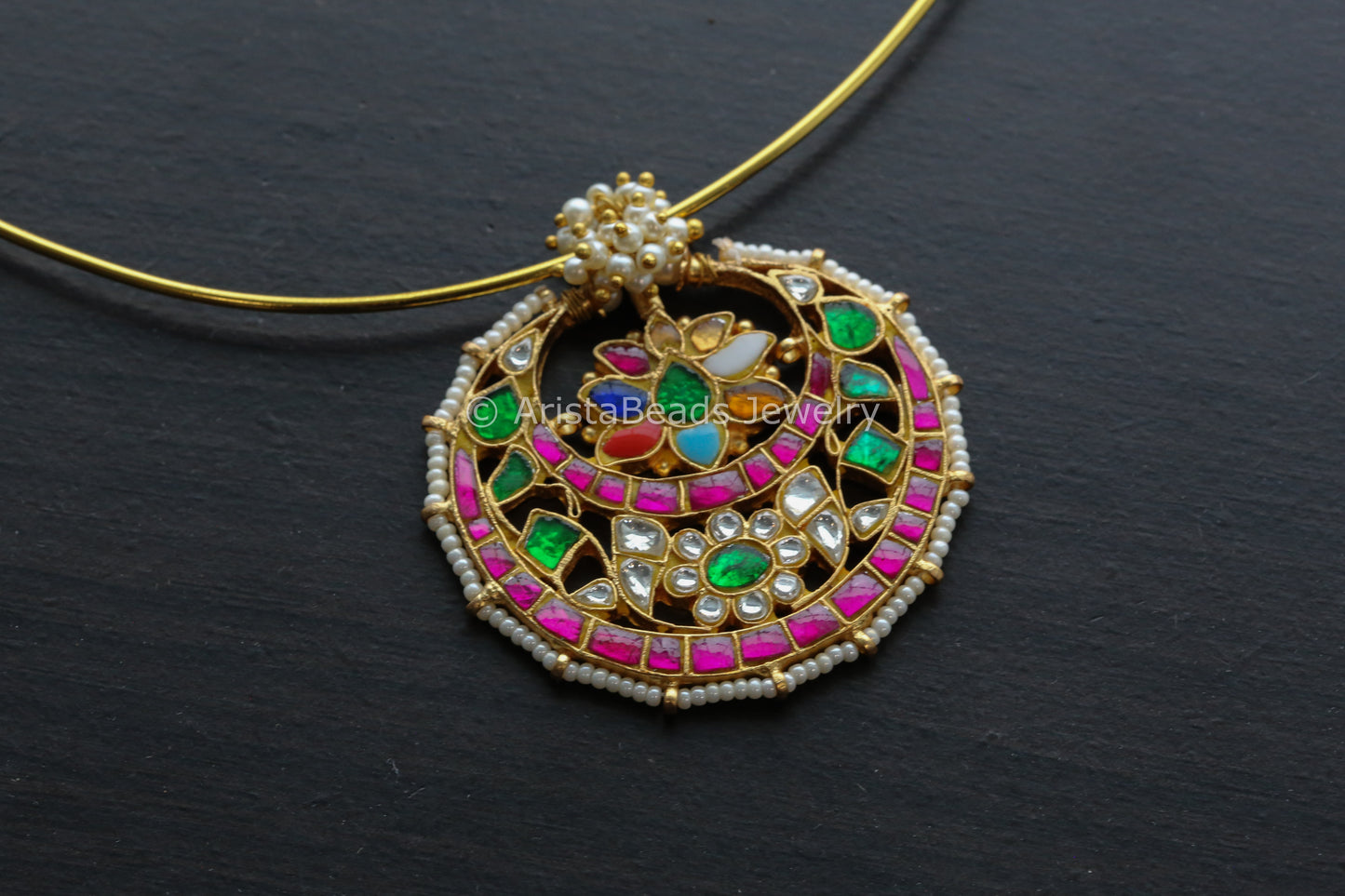 Gold Hasli Navratna Jadau Kundan Pendant Necklace