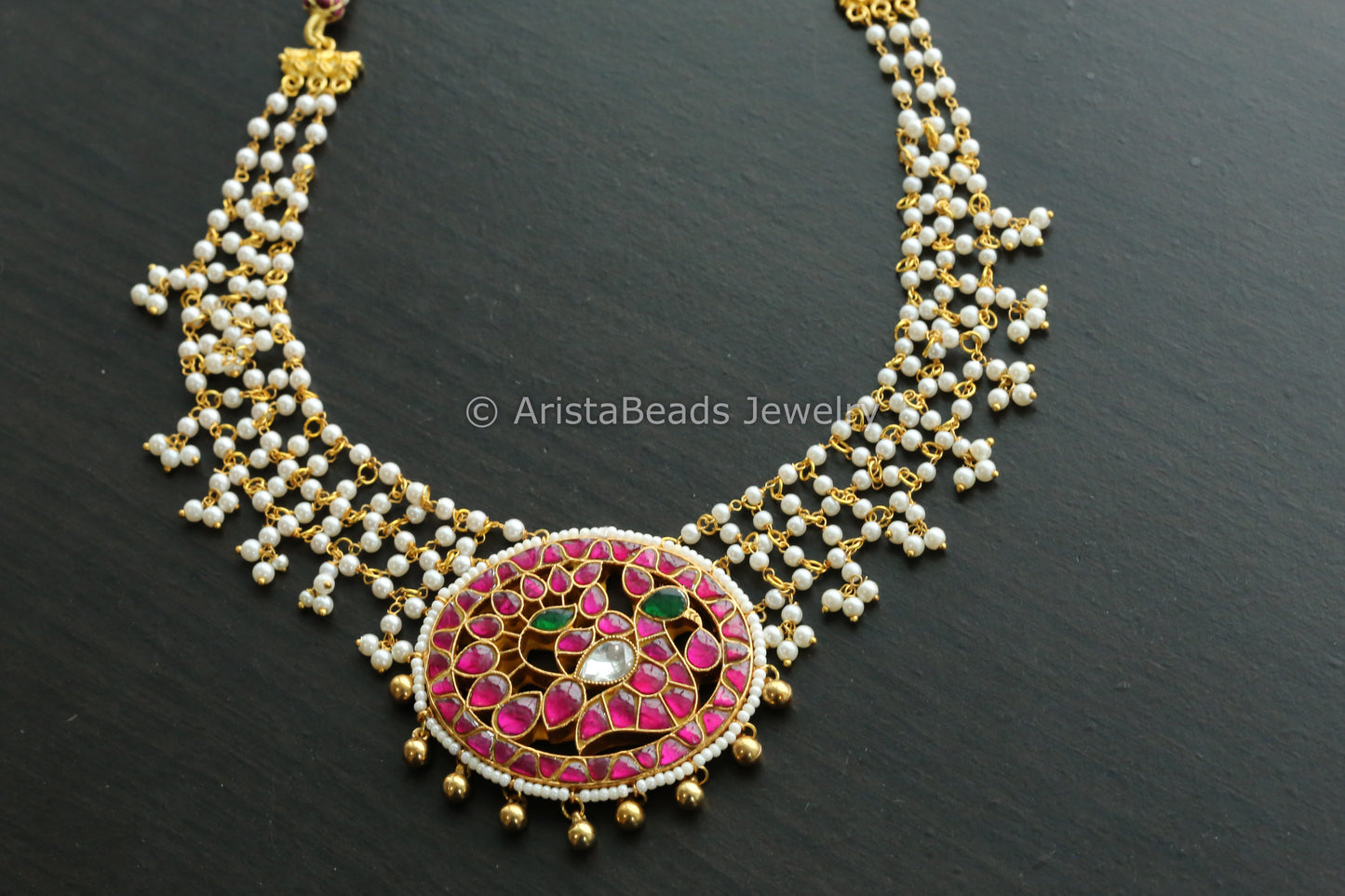 Handmade Jadau Peacock Kundan Necklace - Ruby