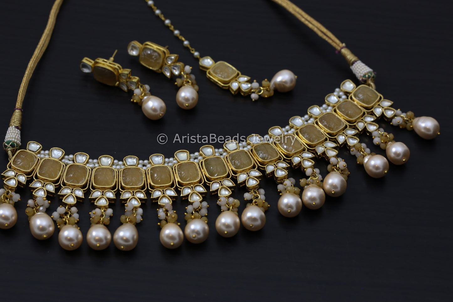 Carved Stones Real Pearl Kundan Set - Yellow