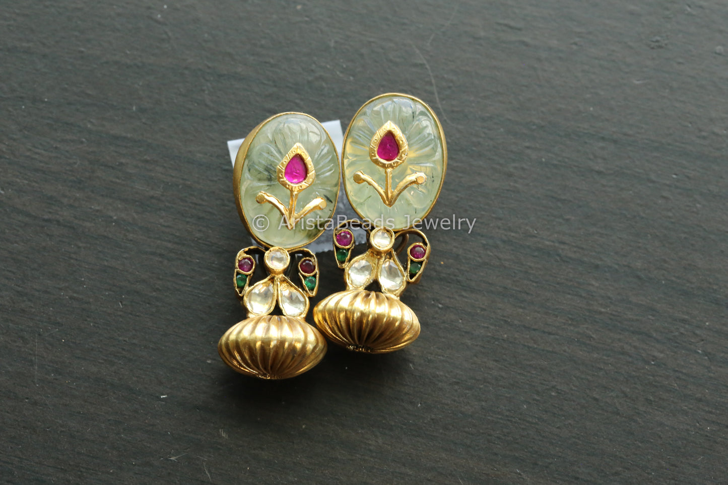 925 Sterling Silver Carved Fluorite & Kundan Earrings