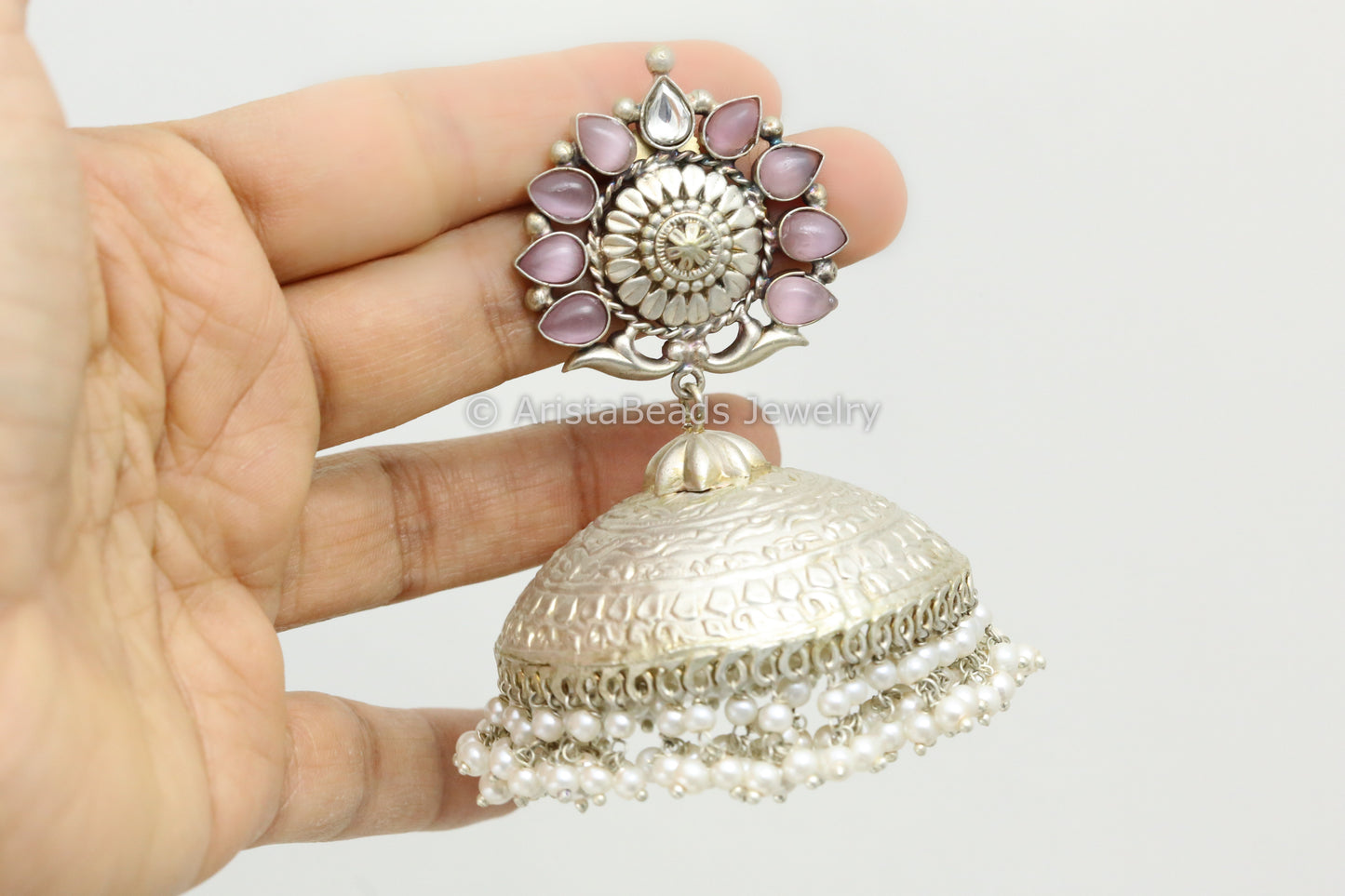 Extra Large 925 Silver Polish Kundan Jhumka - Pink