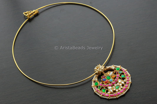 Gold Hasli Navratna Jadau Kundan Pendant Necklace