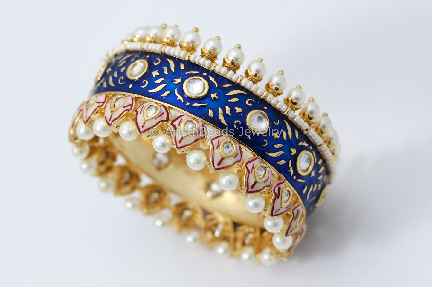 Handmade Blue Pink Enamel Kundan Bangle