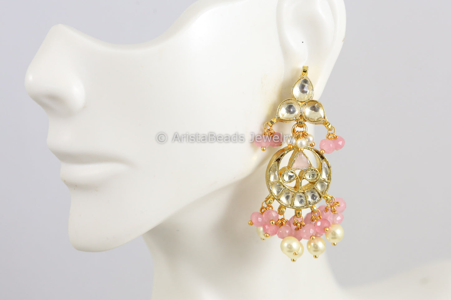 Clear Pachi Kundan Pink Drops Earrings