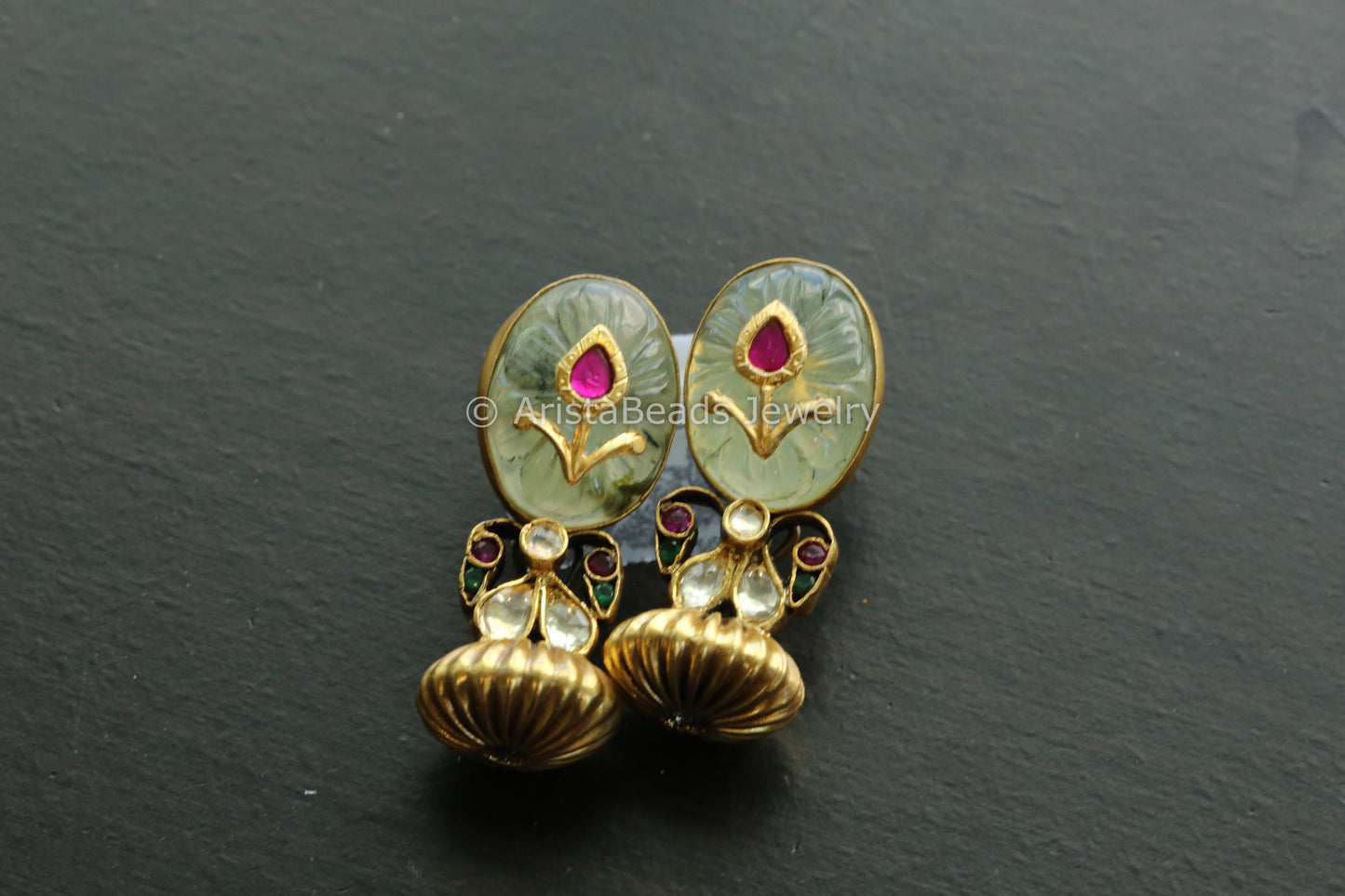925 Sterling Silver Carved Fluorite & Kundan Earrings