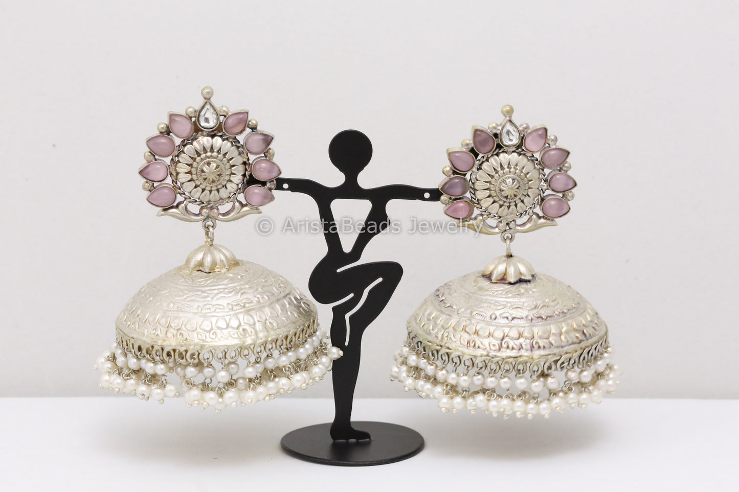 Extra Large 925 Silver Polish Kundan Jhumka - Pink