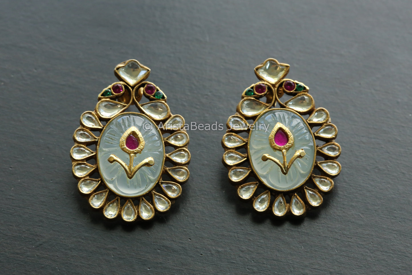 925 Sterling Silver Gold Jadau Kundan Fluorite Earrings