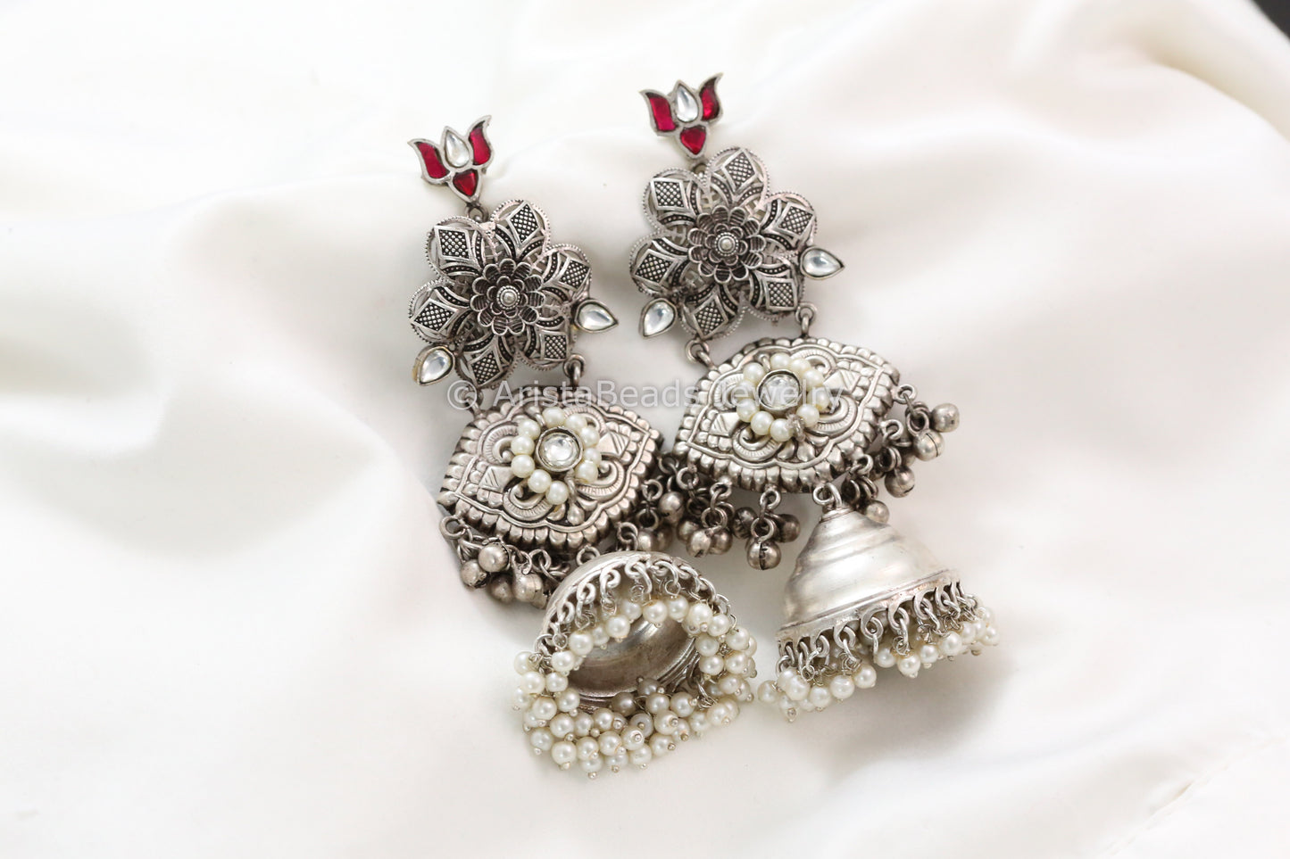 Long 925 Silver Polish Lotus Kundan Jhumka