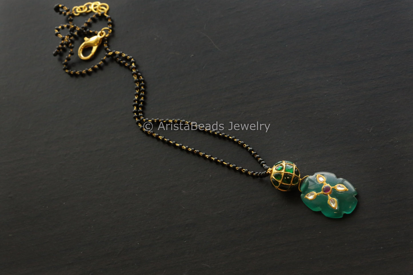 Black Bead Chain with Green Jadau Bead and Jadau Drop