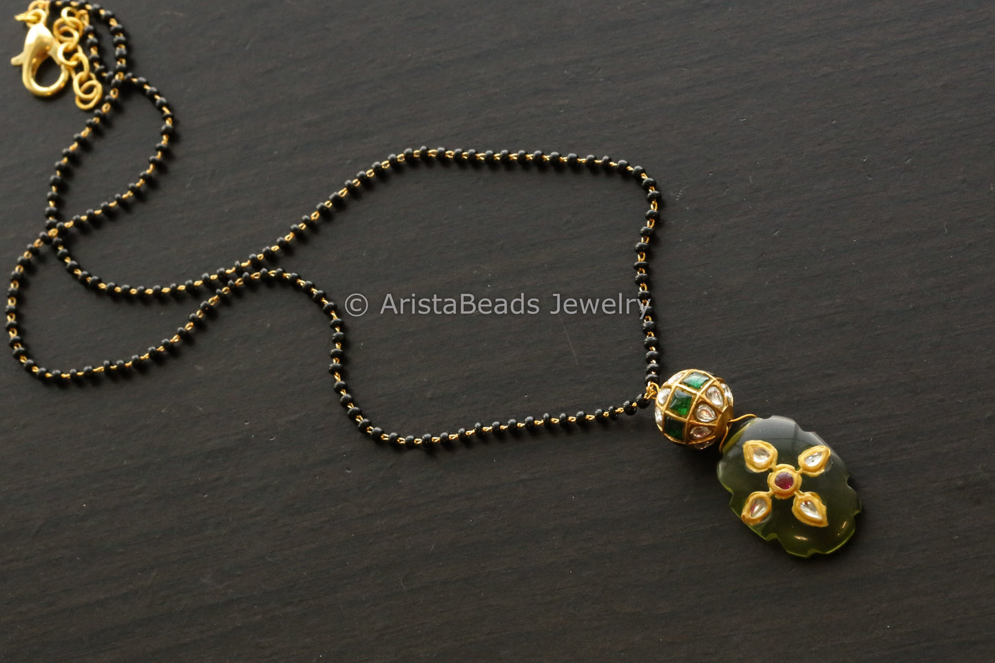 Black Bead Chain With Green & Clear Jadau Bead and Jadau Drop