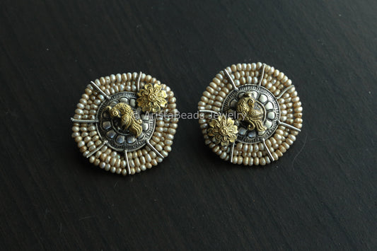 Large Fresh Water Pearls Dual Tone Sterling Silver Studs