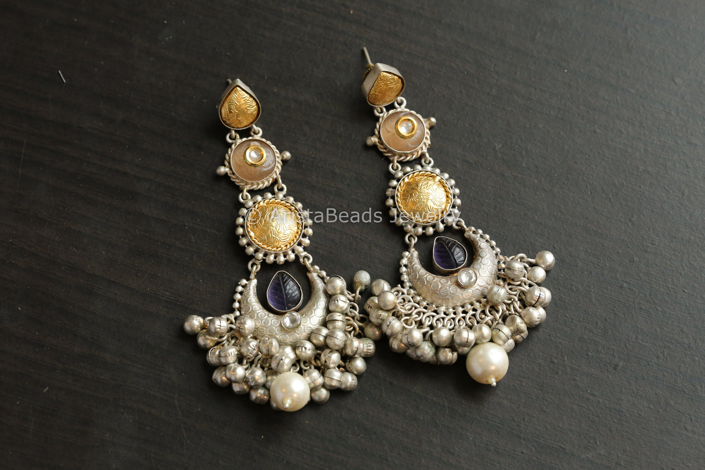 Long 925 Silver Polish Dual Tone Chandbaali - Purple