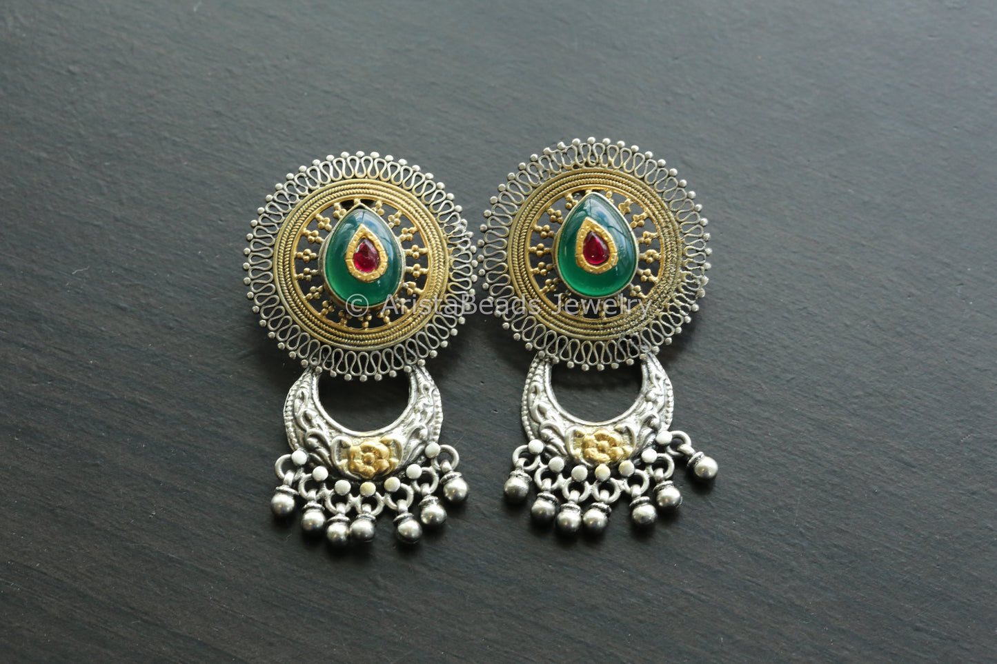 925 Sterling Silver Dual Tone Jadau Earrings - Green Onyx