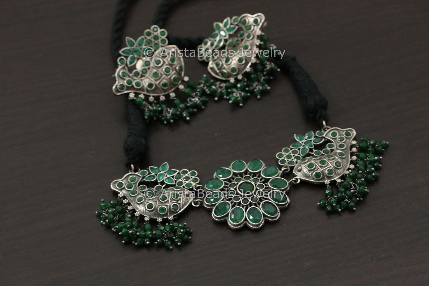 Silver Look Fish CZ Necklace Set - Green