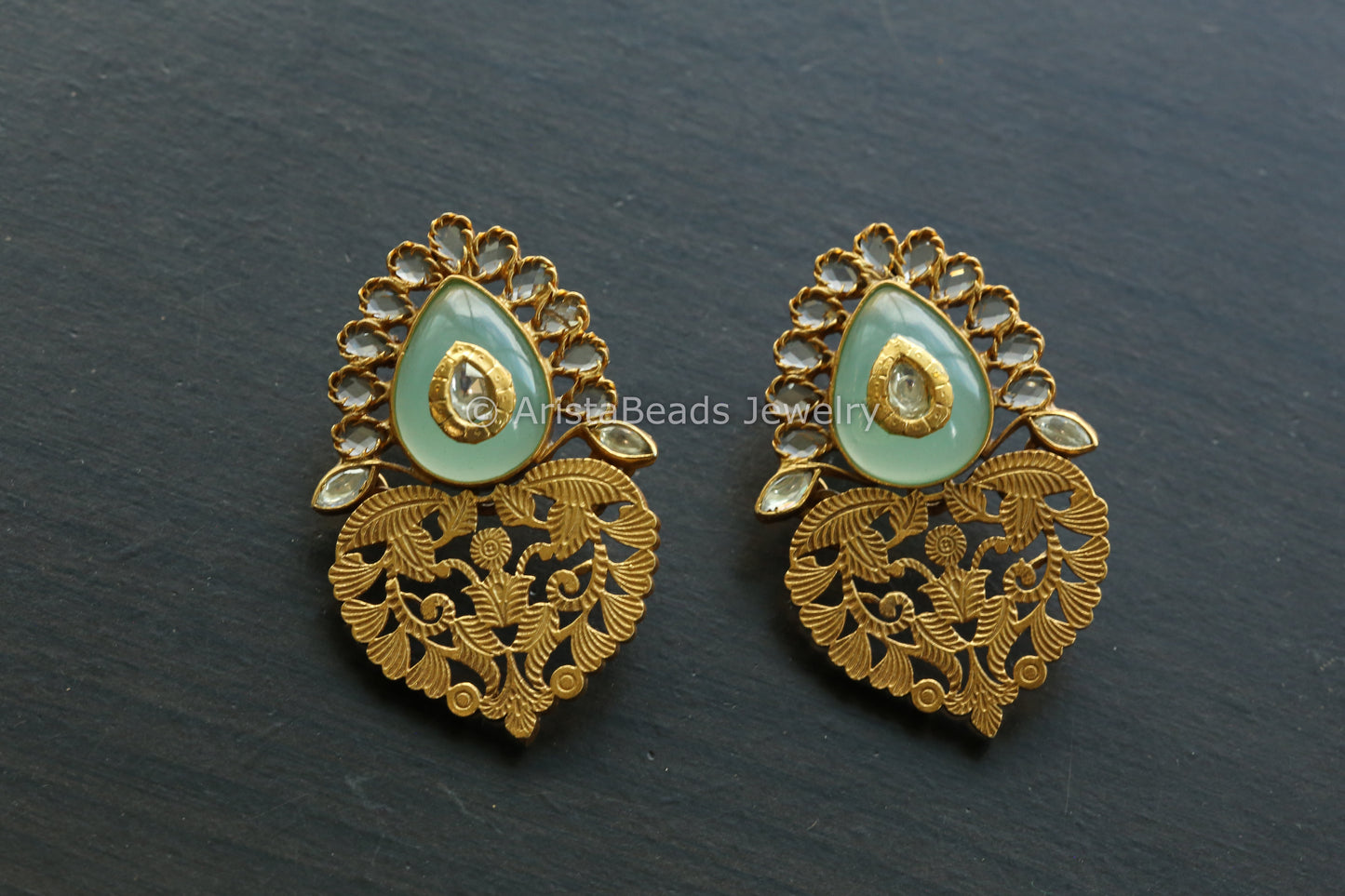 925 Sterling Silver Fluorite, Kundan & Polki Filigree Earrings