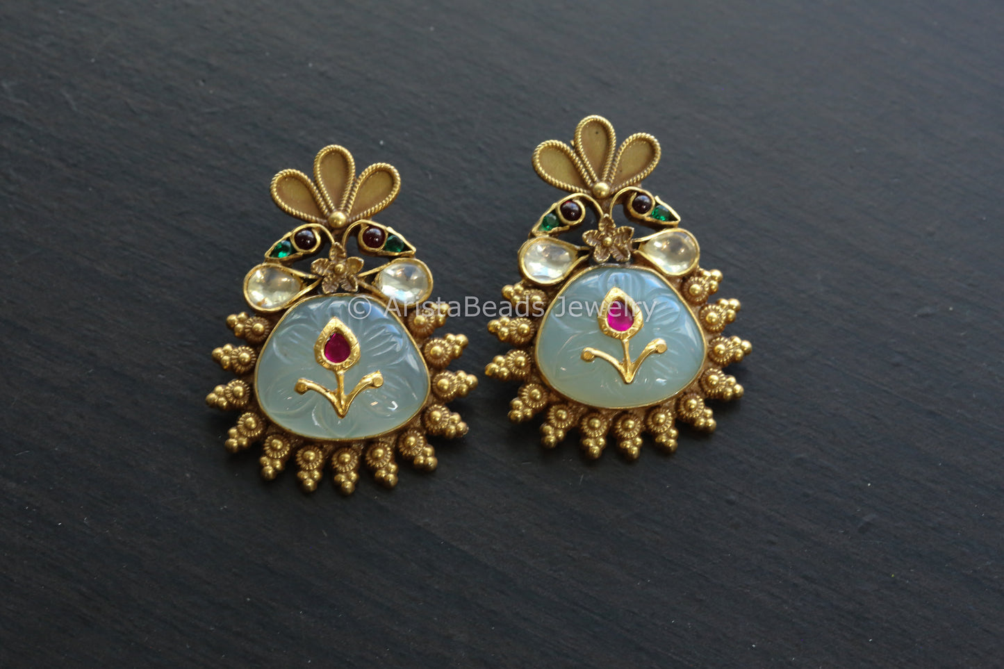 92.5 Jadau Kundan Fluorite Stone Earrings