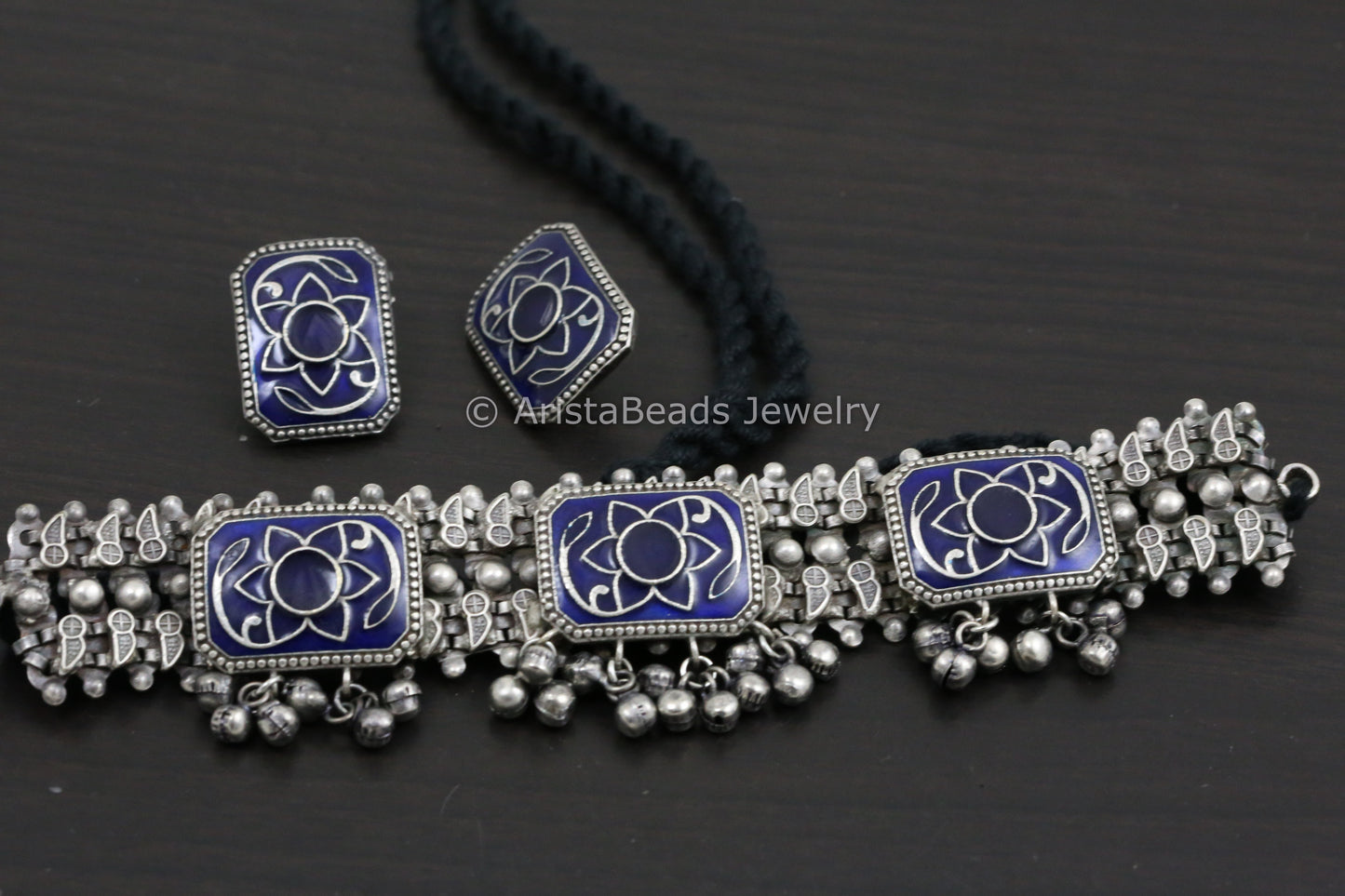 Dark Blue Enamel Choker & Stud Set
