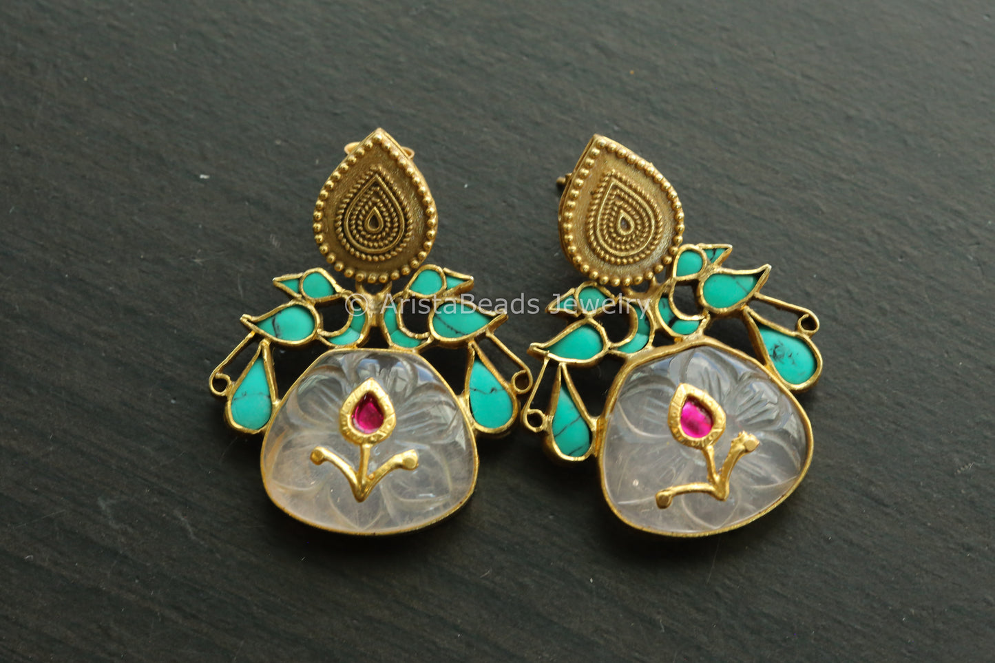 92.5 Jadau Rose Quartz & Turquoise Earrings