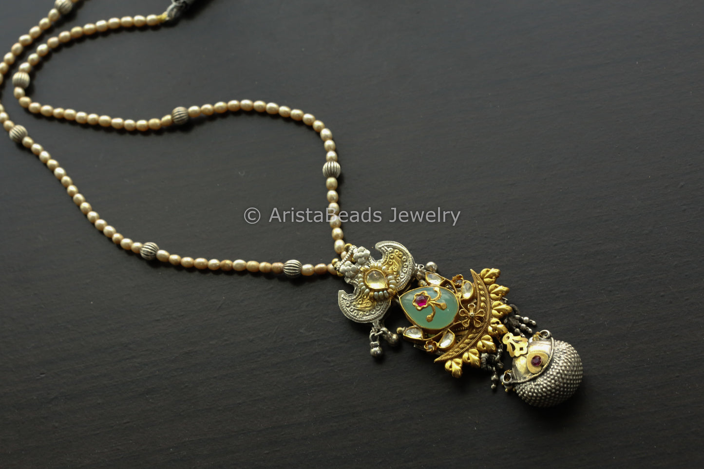 925 Sterling Silver Designer Dual Tone Necklace ( Real Pearls)