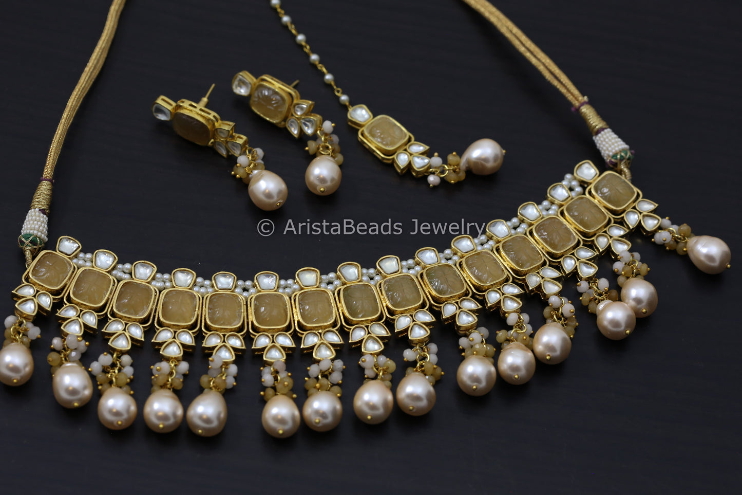 Carved Stones Real Pearl Kundan Set - Yellow