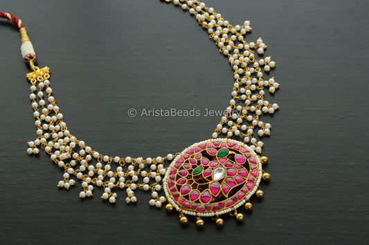 Handmade Jadau Peacock Kundan Necklace - Ruby