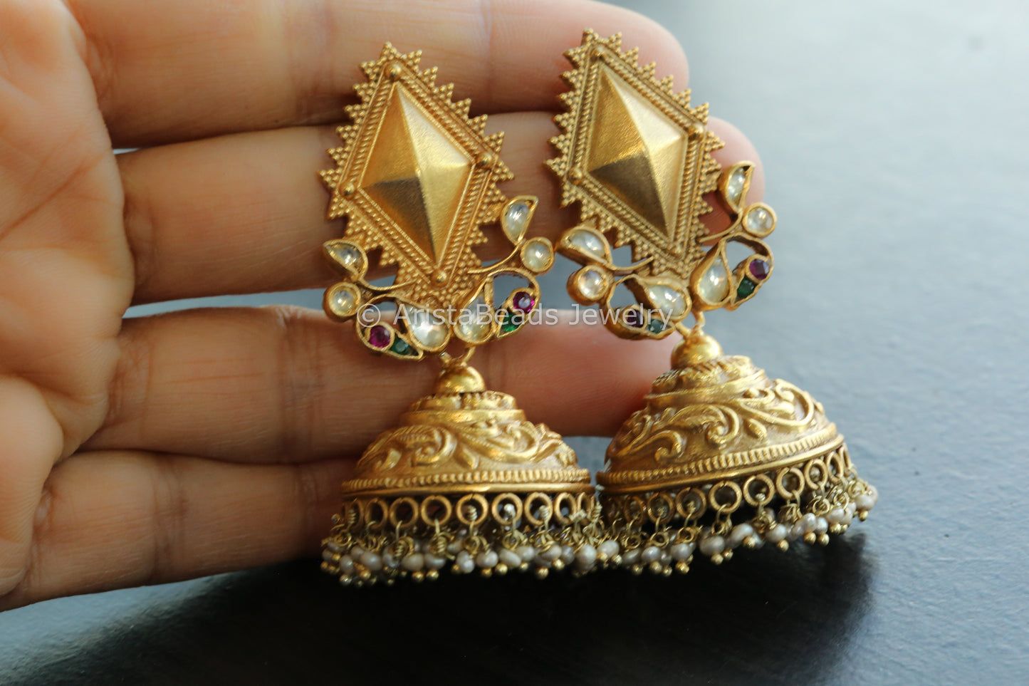 925 Sterling Silver Nakshi Kundan Jhumka With Real Pearls