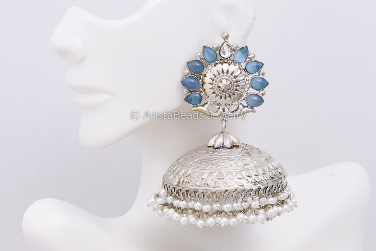 Extra Large 925 Silver Polish Kundan Jhumka - Blue