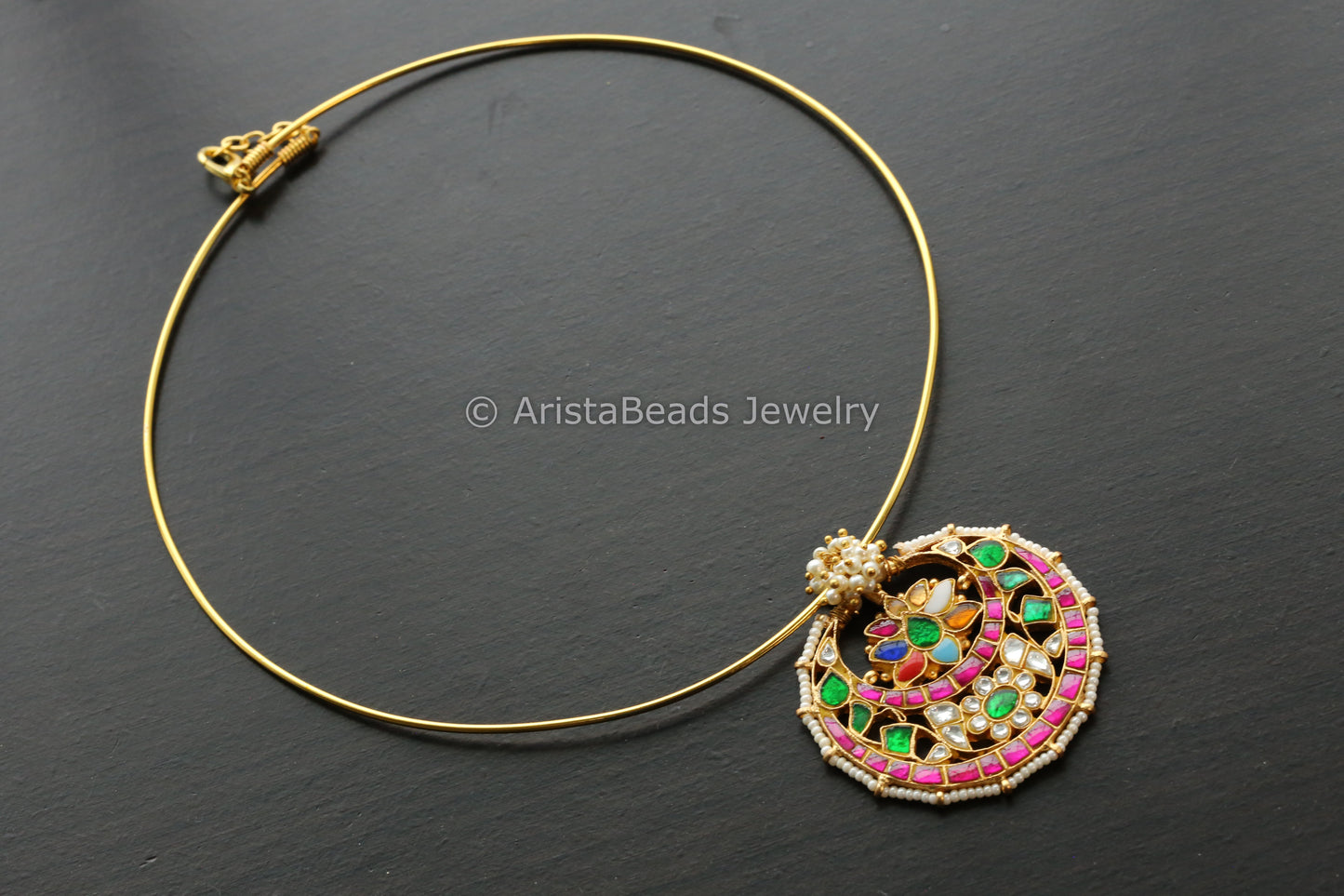 Gold Hasli Navratna Jadau Kundan Pendant Necklace