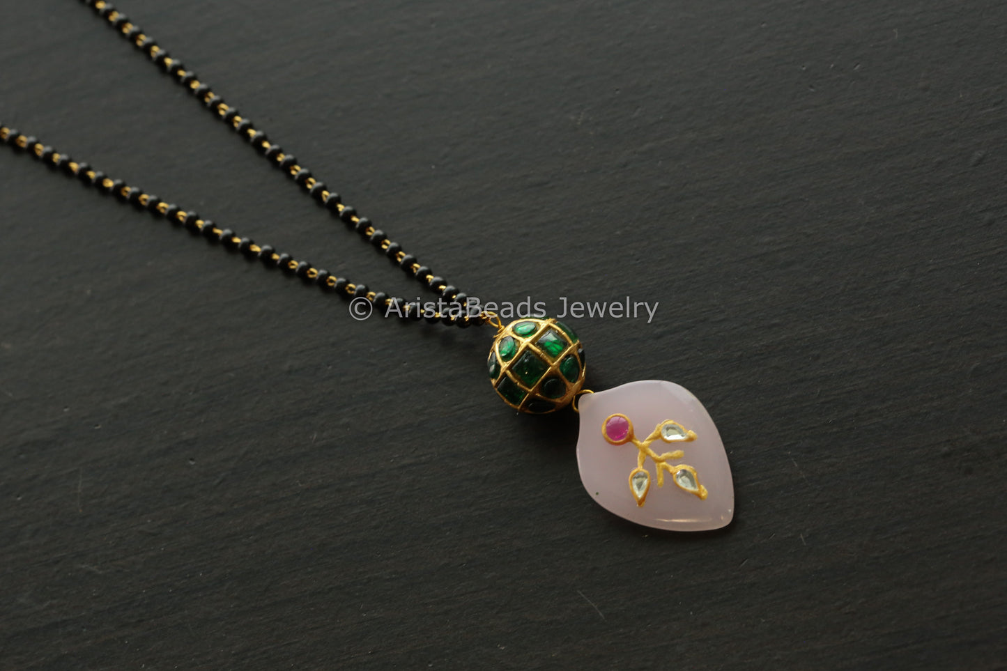 Jadau Ball Black Bead Chain With Pink Jadau Stone Drop